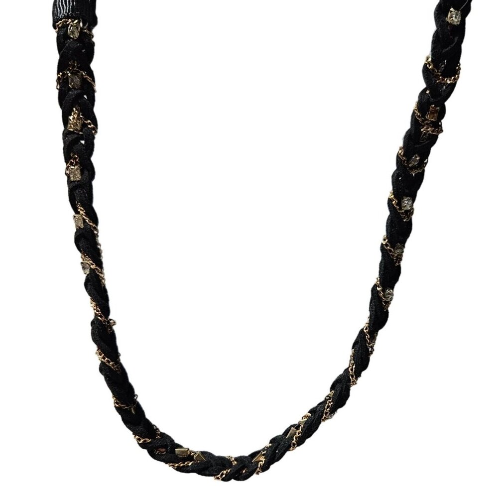 Braided Black Suede Chain Necklace Crystal Accents Gold Tone Details Jewelry